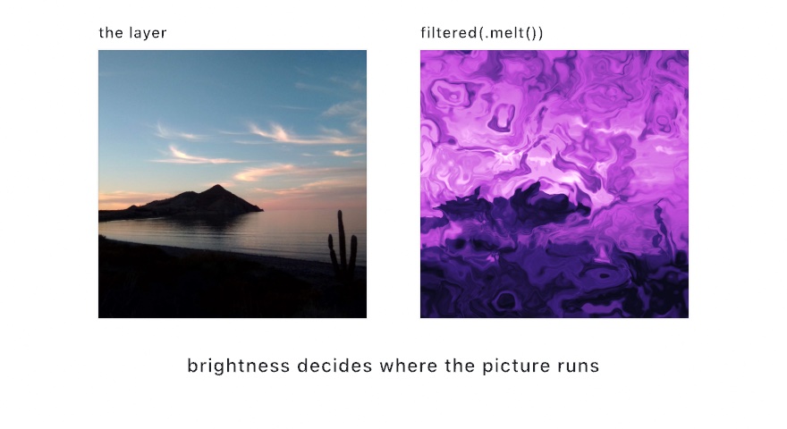 Two panels: a photograph of a headland at dusk with cacti in silhouette over calm water, and the same layer after the melt filter, poured into swirling violet and white marbling in which the bright sky and the dark shore still divide the picture