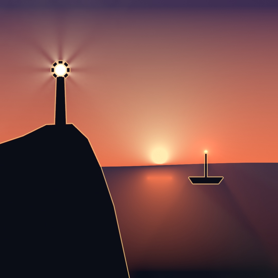 A lighthouse on a dark headland at dusk, its lamp throwing beams into a violet and orange sky, the sun on the horizon, and a small boat with a lit mast on the water, every silhouette traced in a thin warm outline