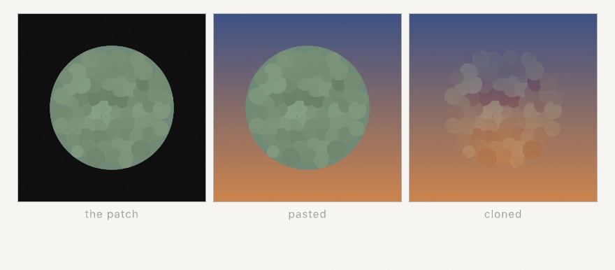 Three panels. A green slab of stones on black; the same slab pasted onto a blue-to-orange gradient with an obvious circular rim; and the same slab cloned, where the rim has vanished and the stones themselves have gone blue at the top and orange at the bottom