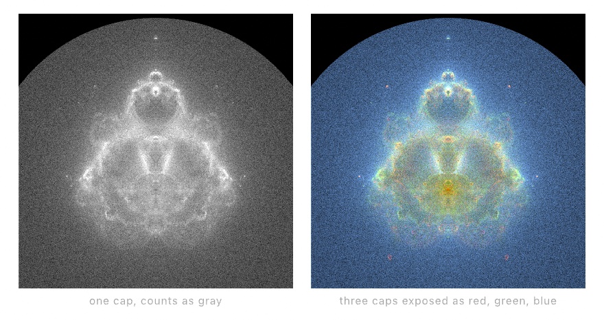 Two dark panels of the Buddhabrot. On the left a grayscale density plate of the seated figure; on the right the same figure in false color, a blue haze around a gold and red core