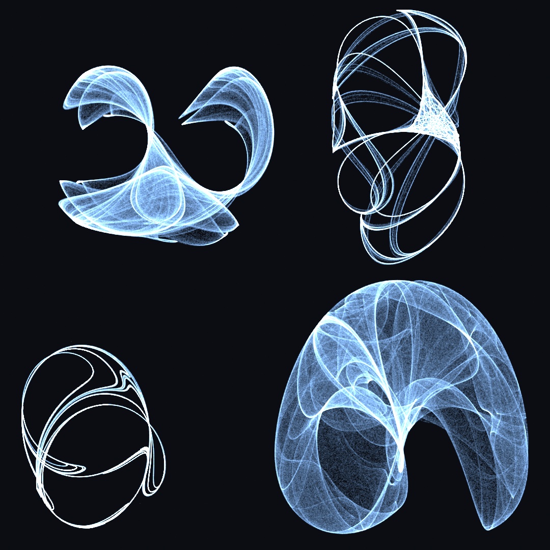 Four glowing density plates: folded translucent attractor forms like X-rays of smoke