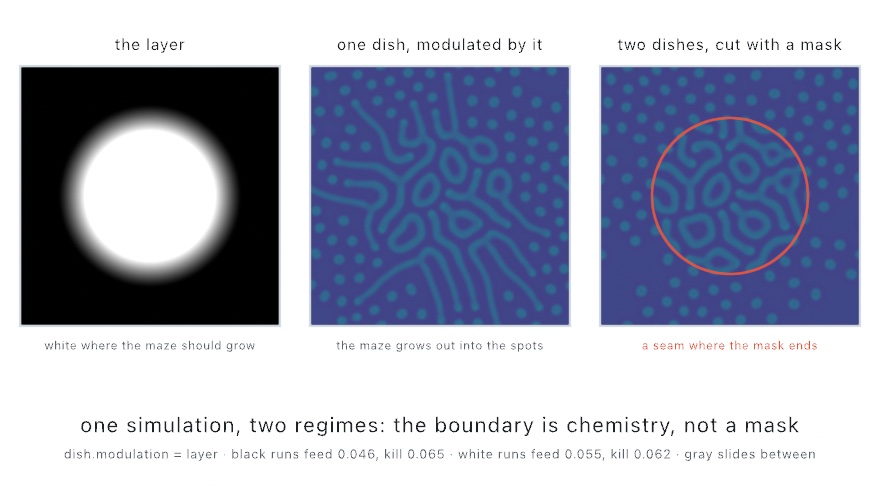 Three square panels. Left, a soft-edged white disc on black. Middle, one reaction-diffusion dish colored teal on blue: a maze of walls inside the disc's footprint thinning out into scattered spots beyond it, with wall ends reaching into the spot field. Right, two separate dishes, a maze cut into a spot field along a circle drawn in orange, the pattern stopping dead at the line