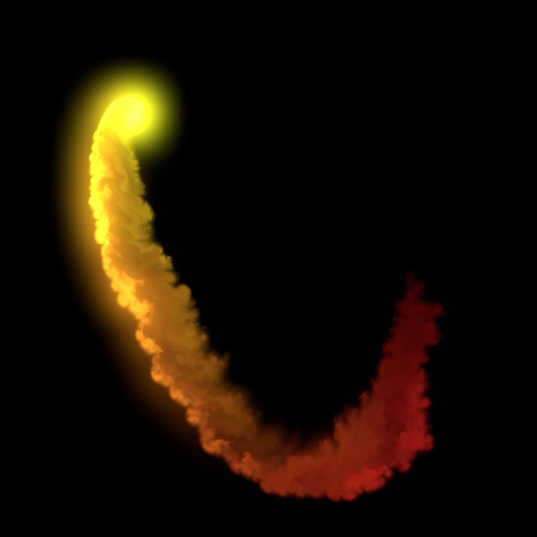 A comet of dye stirred by an orbiting brush: a bright yellow head trailing a turbulent tail that fades through orange to deep red