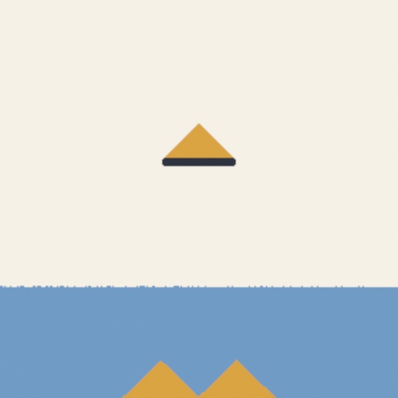 On cream paper, an ochre cone of sand sits on a short slate shelf, and below it a blue pool covers the floor with two more ochre heaps sunk to its bottom, the water's top edge slightly rough where the displaced water rose