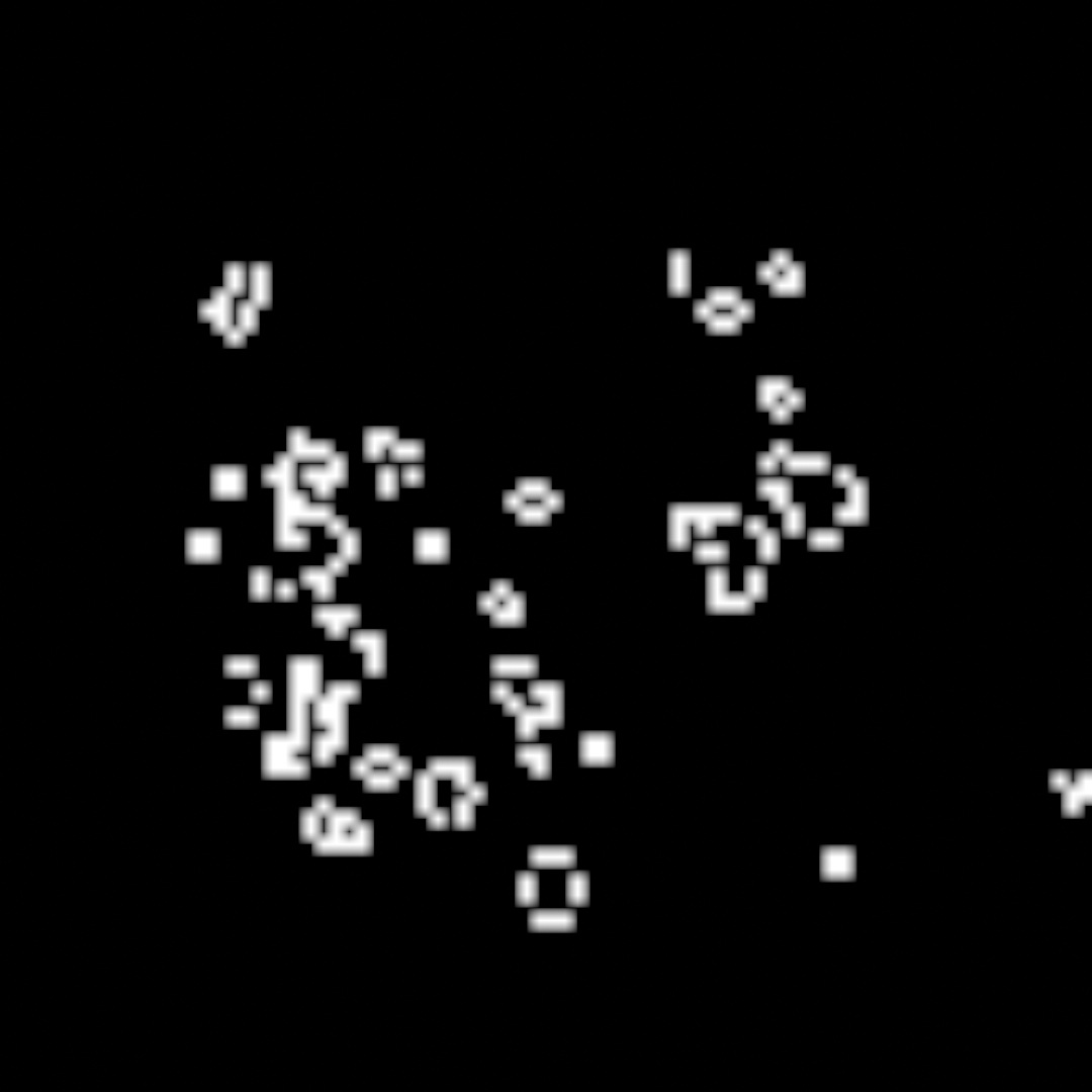 A Game of Life field ninety generations after a random soup: scattered still lifes, blinkers, and small debris in crisp white cells on black