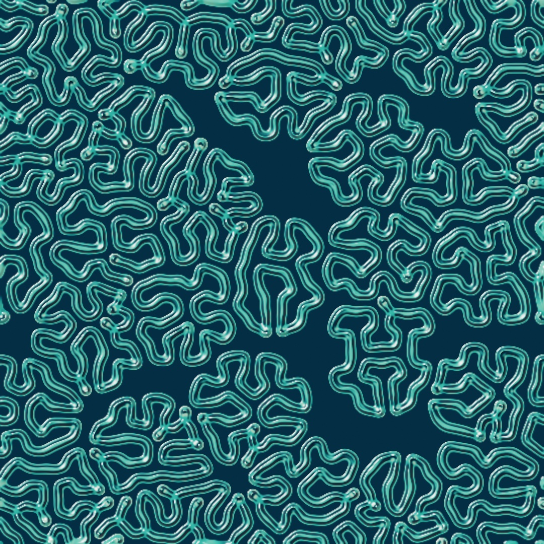 A dense brain-coral labyrinth grown by reaction-diffusion, its winding ridges glossy teal tubes with a cream sheen and a dark crease, against deep navy gaps