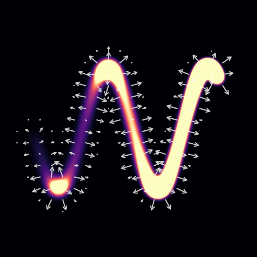 A heat plate run by a hand-written kernel: a brush's trail glows pale yellow through magenta and purple on black, spread and cooling, with white arrows showing the heat running down its own slope toward the cold