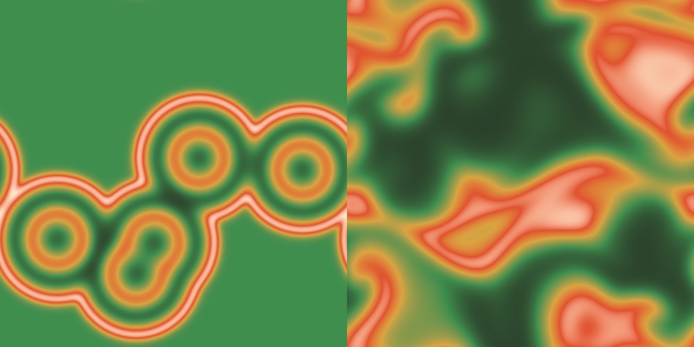 Two square land maps side by side. Left, sixty frames after five releases: a green meadow with five sets of orange rings running outward, each behind a pale crest, dark troughs between the rings. Right, six hundred frames after the releases: the rings have broken into an irregular sea of curling orange wave fragments over the green, with dark green patches between them