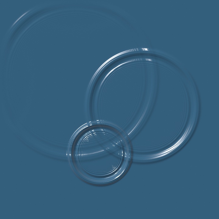 A blue pool with three sets of concentric ripples spreading from separate drop points, the rings crossing each other and fading toward the edges