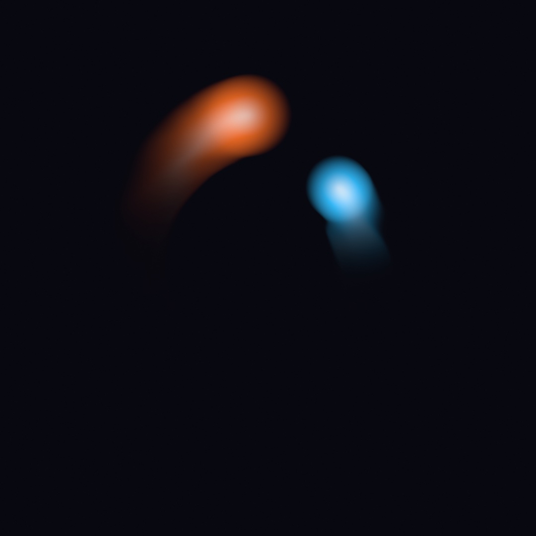 Two soft-cored orbs on near-black, an orange one stretched into a long curved ribbon along its orbit and a smaller cyan one trailing a short wake