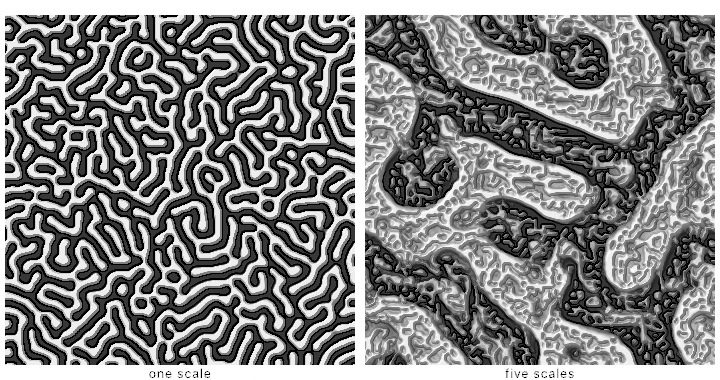 Two fields side by side, both shaded as gray relief. The left is a uniform maze of equal-width ridges at one size. The right has broad smooth lobes and dark winding channels, with much finer maze-like detail packed inside them