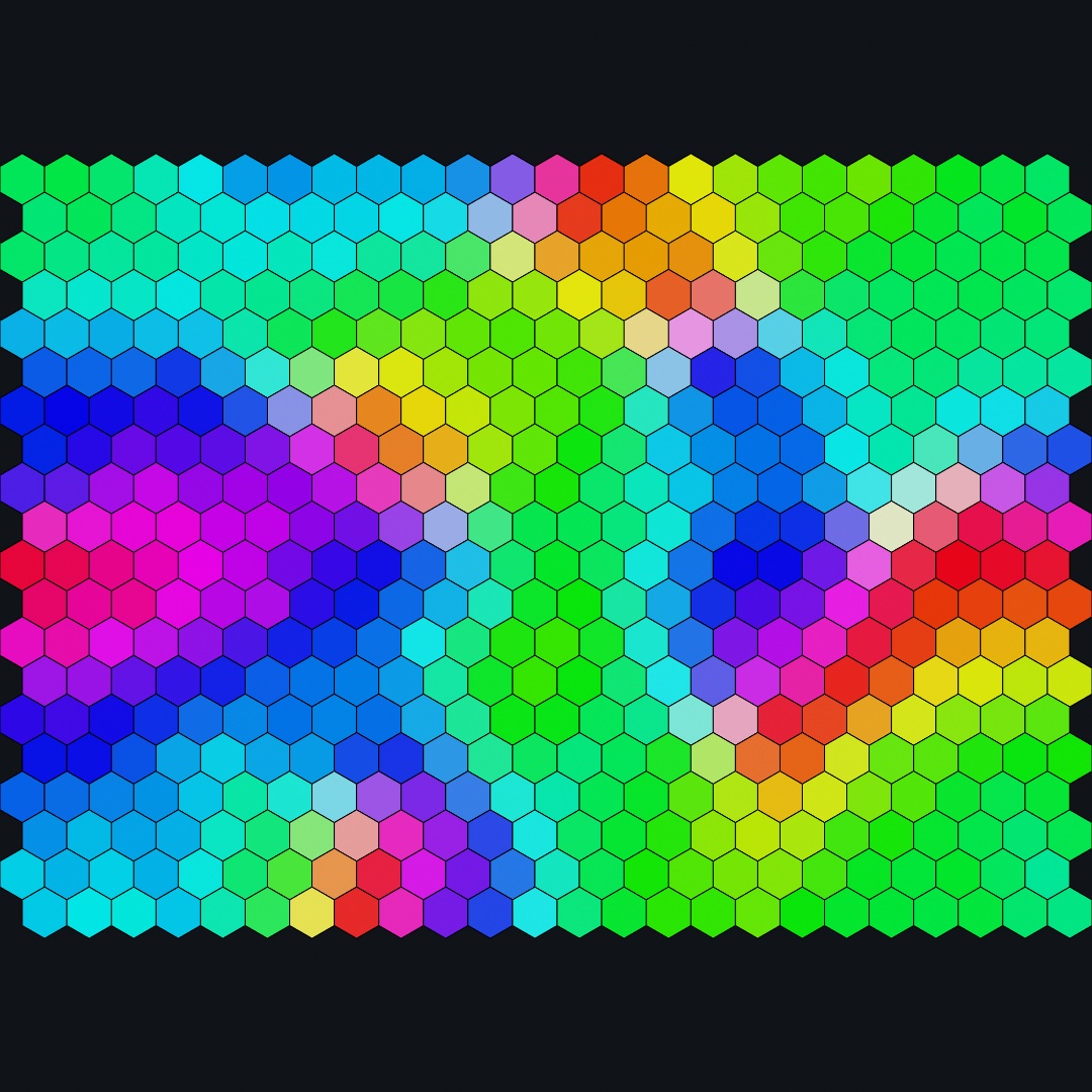 A hex grid of 24 by 20 cells on a near-black ground, each cell a bright color. Broad bands of green, cyan, blue, purple, magenta, red, orange, and yellow blend into one another across the grid, and a few pale cells sit where several colors meet