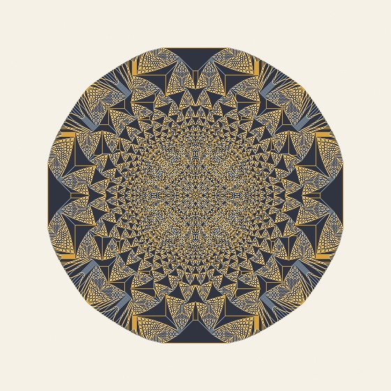A large circular sandpile on cream paper, fully settled: dense self-similar lacework of gold and ink-blue triangular filigree arranged with fourfold symmetry, ringed by smoother petal-shaped lobes at the rim