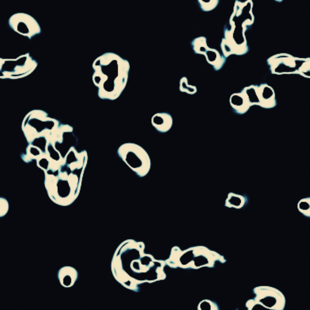 SmoothLife on near-black: a dozen small cream rings, each a glider with a dark hollow, sliding across the field, and three larger ragged colonies, one at the left, one along the bottom, and one at the top right