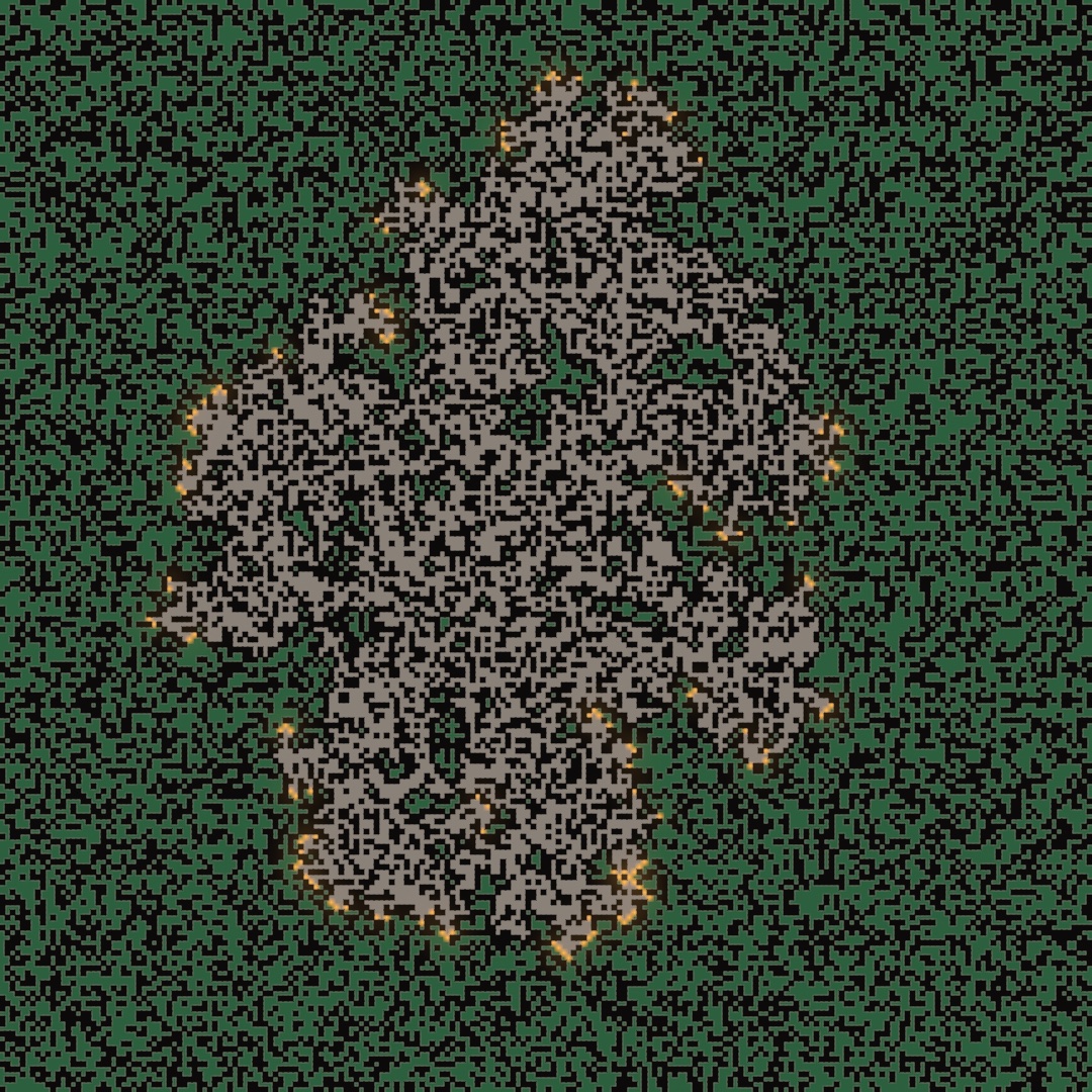 A square field of tiny green and black squares. A large ragged patch of gray and black squares fills the middle, with small green islands inside it, and amber squares glow at points along its edge