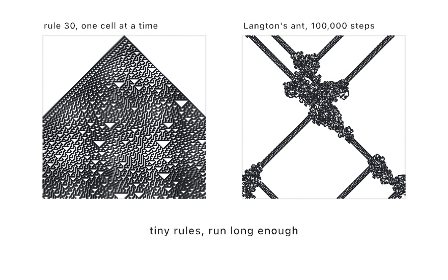 Two panels of black cells on cream. Left, rule 30 grown from a single cell into a triangle that meets both sides halfway down. It is irregular and dotted with white triangles, with regular stripes only along its left slope. Right, Langton's ant on a grid that wraps, several chaotic blots joined by straight diagonal highways