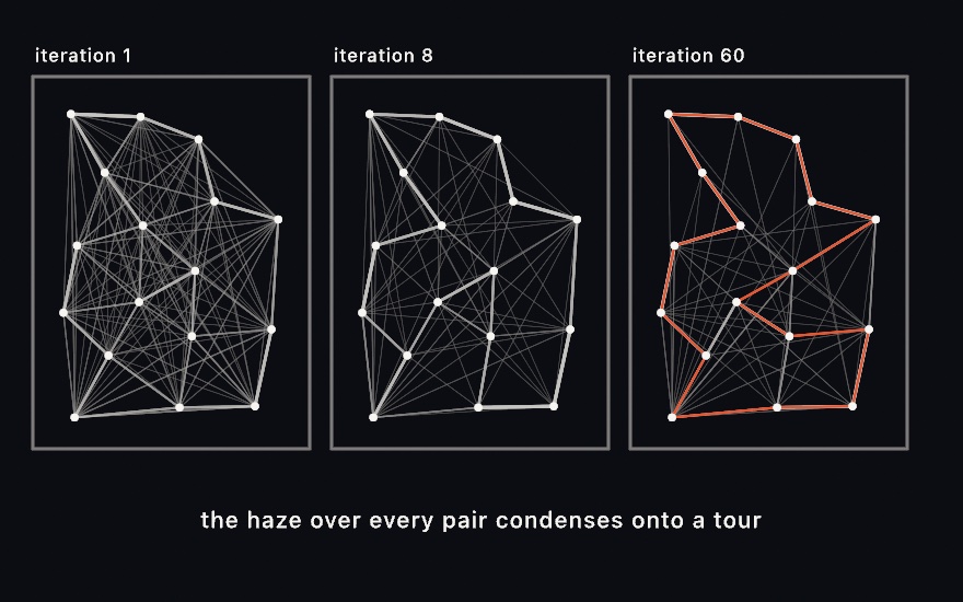 Three dark panels of the same scatter of white city dots. Left, after one iteration, a pale web of trails over nearly every pair. Middle, after eight, fewer and stronger edges. Right, after sixty, a settled web with the best tour traced through the cities in orange