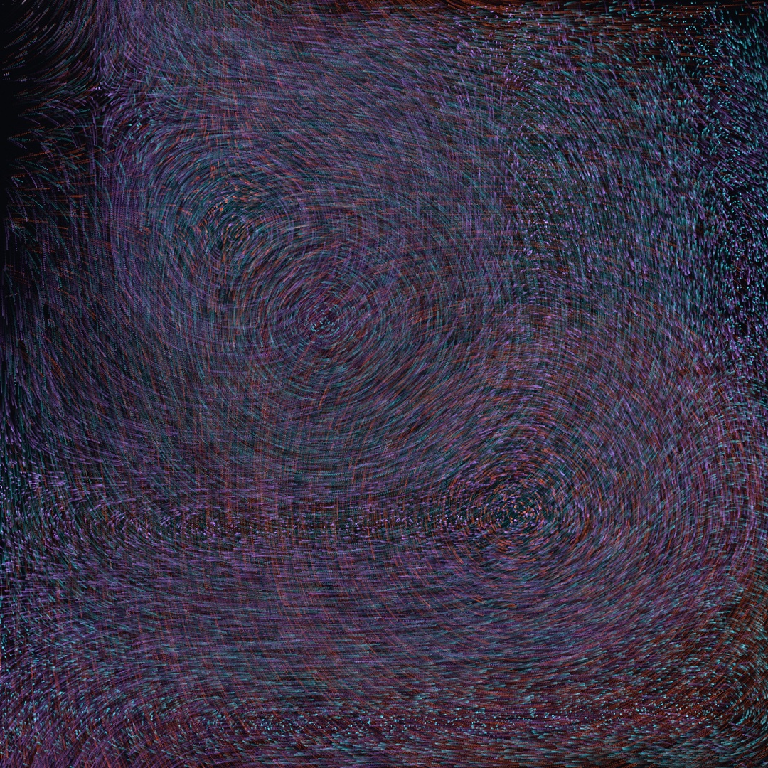 A dark canvas combed into two slow vortices by hundreds of thousands of particle trails, in interleaved threads of coral, teal, and violet light