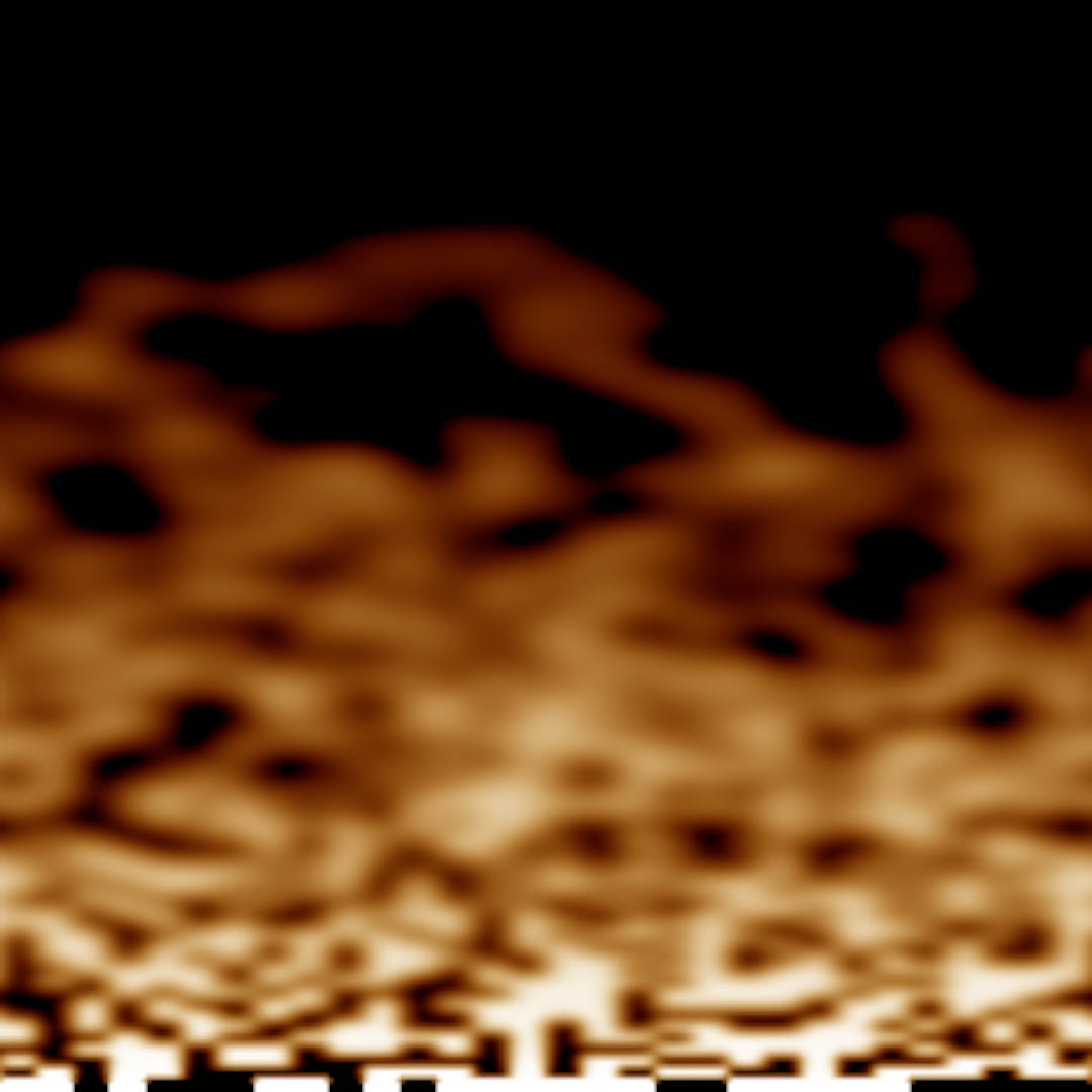 A square field on black, heated from the bottom edge: a row of blocky white and black cells along the bottom rises into a cream and amber mass, which cools through red-brown into dark red tongues about three quarters of the way up, with black above