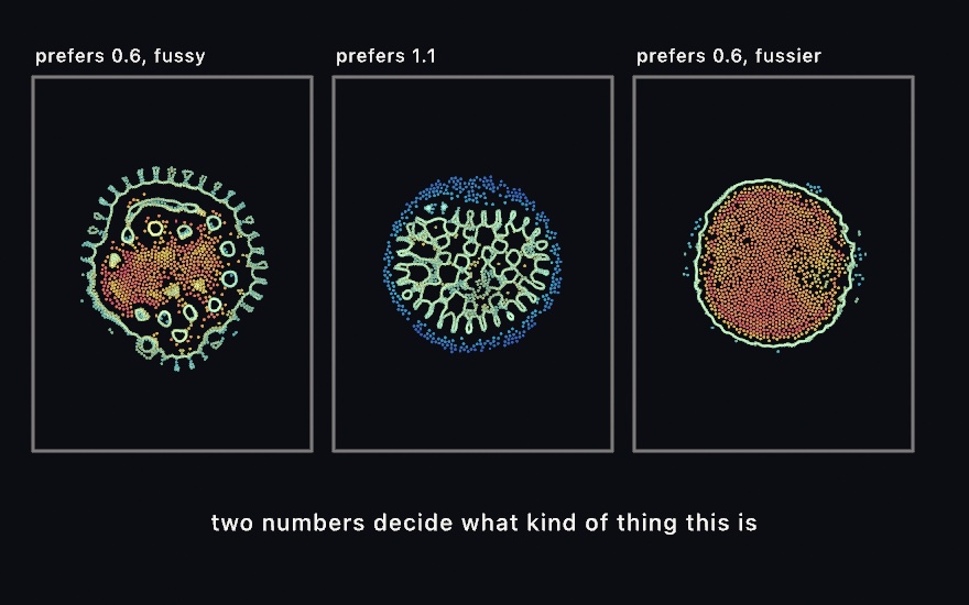 Three dark panels of colored dots. Left, a cell with a fringed pale-green membrane, a warm red interior, and small vesicles inside it. Middle, a looser coral-like labyrinth of green channels with a blue halo of scattered particles. Right, a solid red body inside one clean smooth green membrane