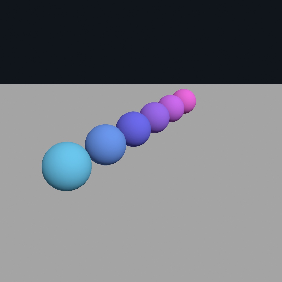 Six spheres in a row marching away from the camera, each smaller and partly hidden behind the one before