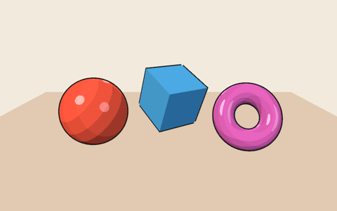 A red sphere, a blue box, and a magenta torus in hard cel bands, each ringed by a thin dark line, turning under a light that keeps the bands still while the view goes round