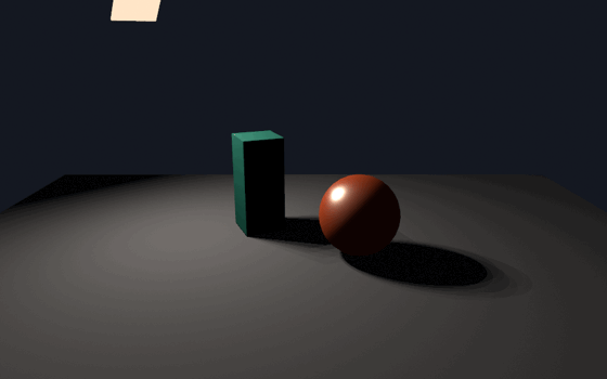 A teal pillar and an orange sphere on a gray floor under one warm glowing panel that slowly grows and shrinks. When the panel is small the sphere's highlight is a tight spot and both shadows are crisp; as it grows the highlight widens into a sheen, the shading wraps, and the shadows spread into soft pools while the scene's overall brightness stays the same