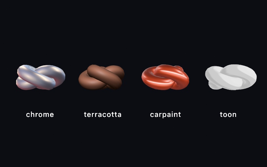 The same knot in four matcaps: reflective chrome, brown terracotta clay, red car paint, and a flat toon look