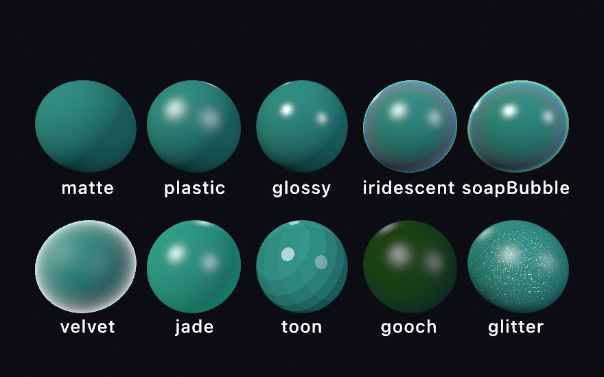 Ten spheres in the same teal, each with a different finish: matte, plastic, glossy, iridescent, soap bubble, velvet, jade, toon, gooch, and glitter