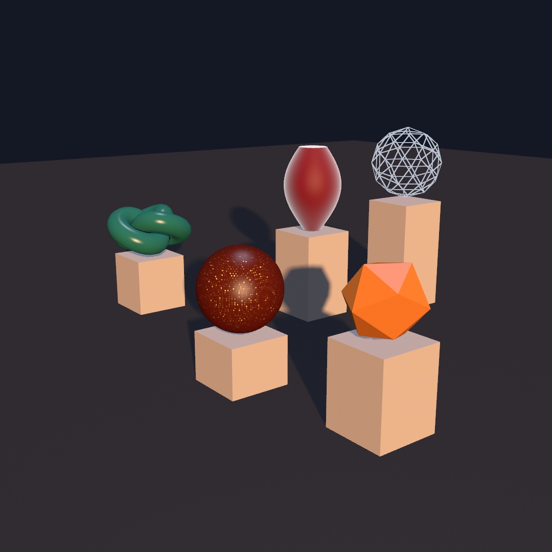 A small sculpture court at golden hour: a glossy teal knot, a deep red vase, a sparkling car-paint sphere, an orange faceted gem, and one wireframe sphere, each on a pale plinth, casting long soft shadows
