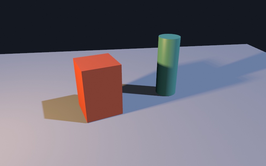An orange box and a green post on a pale floor: each throws a cool-lit shadow right, from the warm lamp on the left. The box also throws a warm-lit shadow left, from the cool key on the right. The post's shadow to the left falls inside the box's cool band as a dark bar between them