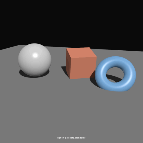 The same still life of a sphere, box, and torus relit once per second by six lighting presets, from soft neutral studio light to a single harsh noir key to dim blue moonlight