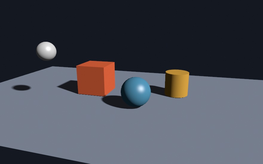 An orange box, a blue sphere, and a yellow cylinder resting on a pale floor under wide soft shadows, each base hugged by a fine dark seam that pins it to the ground. A small white sphere hovers at the upper left with only a soft detached blob of shadow on the floor below it, and no seam