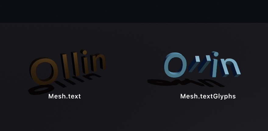 Two words on a dark floor: at the left the word Ollin as one gold solid turned to show its thickness and the hole in its O. At the right is the same word in pale blue, each letter after the O tipped at its own angle