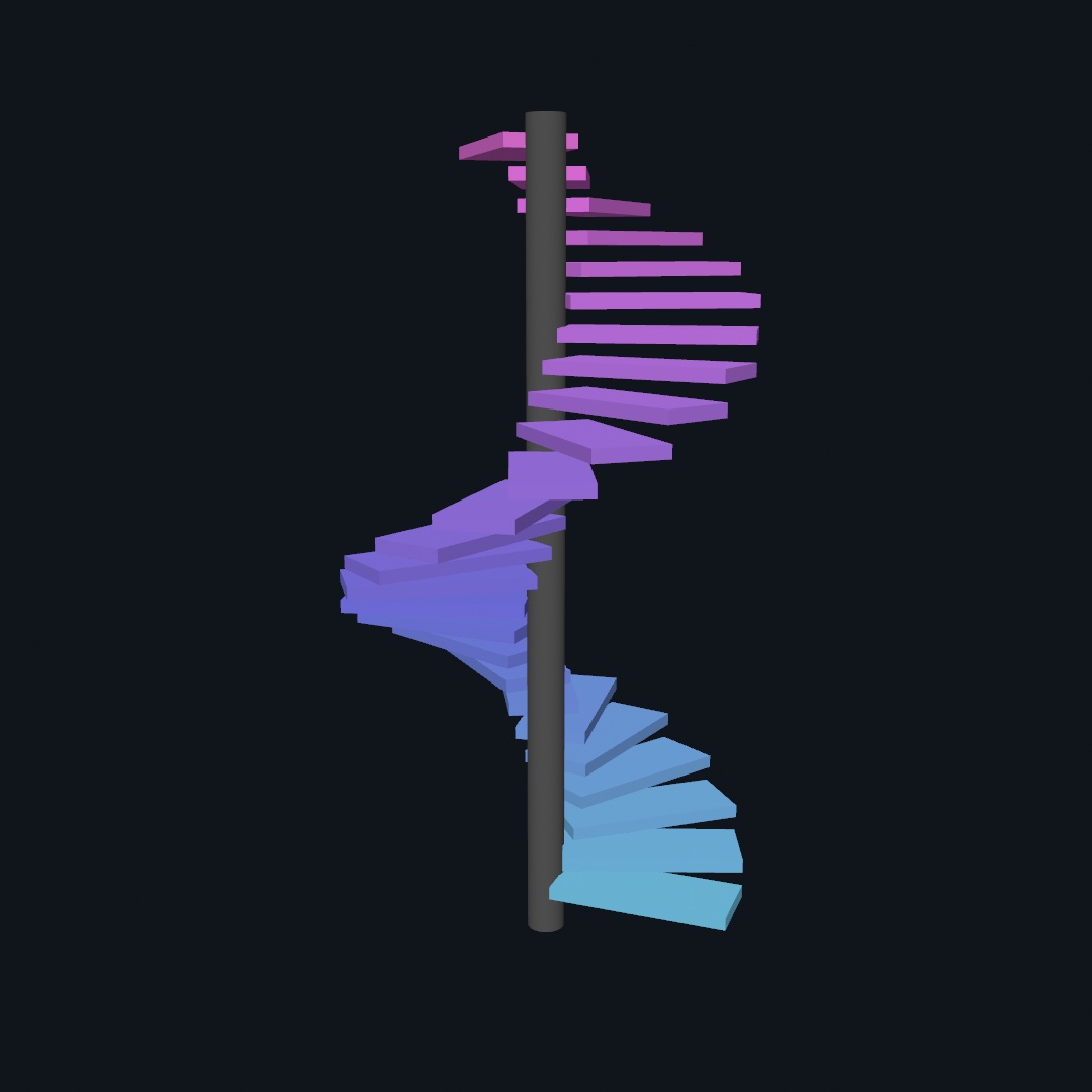 A spiral staircase of colored slabs winding up a dark central post