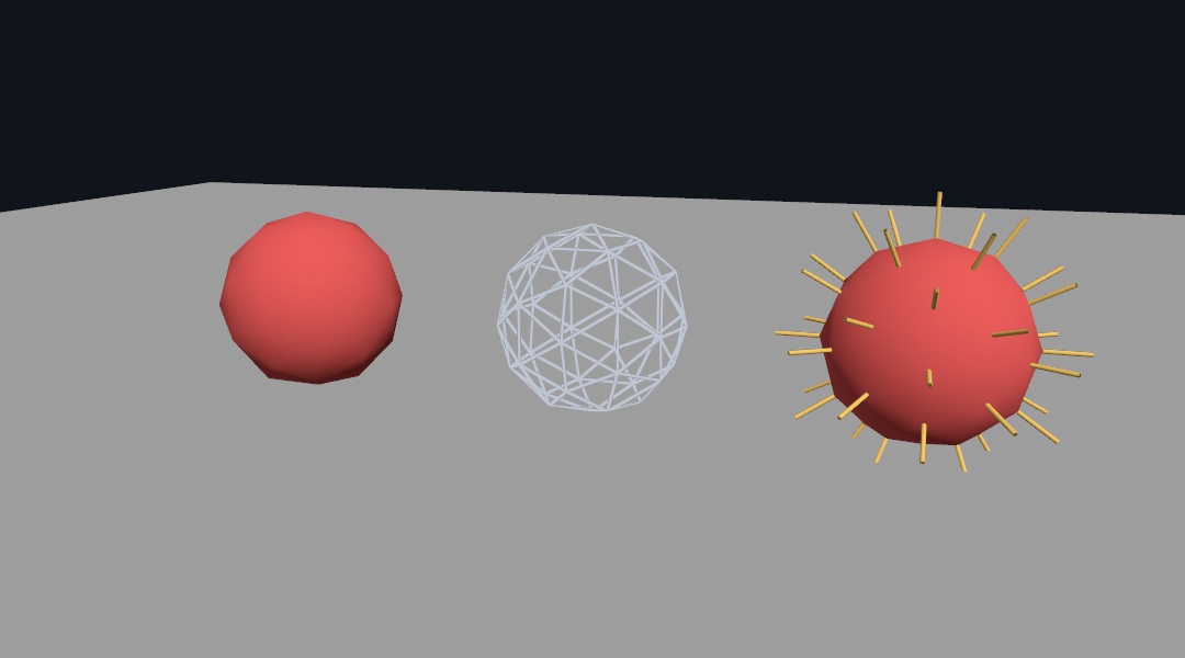 The same coarse sphere three times on a gray floor against a dark background: a lit coral solid with a many-sided outline, its net of pale blue-gray triangles drawn as see-through lines, and the coral solid again with a short yellow tube standing straight out of every corner