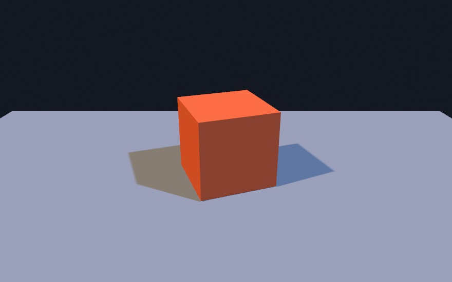 One orange box on a pale blue floor, lit warm from the left and cool from the right, dropping two soft shadows that fan out to either side: the left one warm brown, the right one blue
