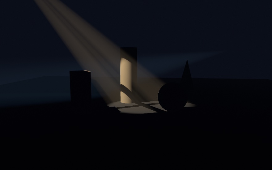 A dark set under a warm window-gobo beam slanting down from the upper left: the panes read as bars of bright air, land as a window of light on the floor, and a cylinder, sphere, and box carve dark shafts out of the beam. A faint cool beam crosses low behind the props
