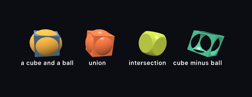 Four solids in a row against black: a blue cube with an orange ball showing through it, labeled a cube and a ball; an orange cube with a dome bulging from each face, labeled union; a yellow-green cube with every edge and corner rounded off, labeled intersection; and a green cube with a round hole bitten through each face, labeled cube minus ball