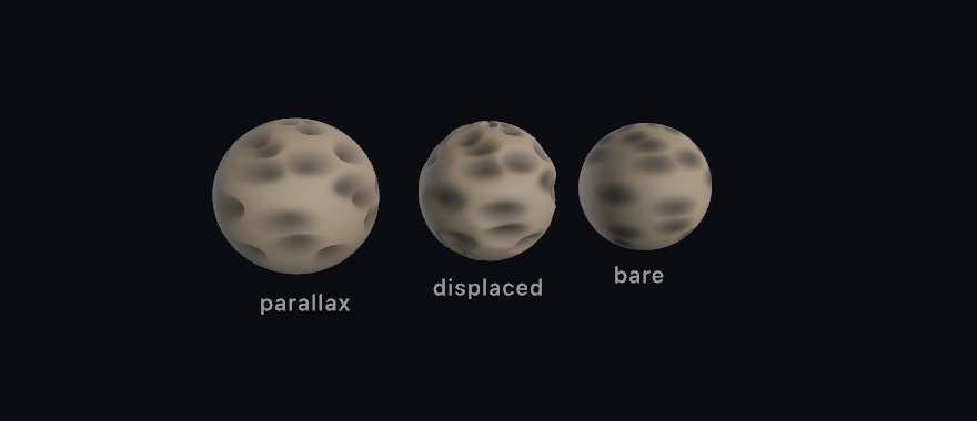 Three cratered tan spheres seen slightly from the side: a parallax-mapped one whose craters sink deep yet whose outline is a perfect circle, a displaced one with a bumpy cratered rim, and a bare control with flat dark spots