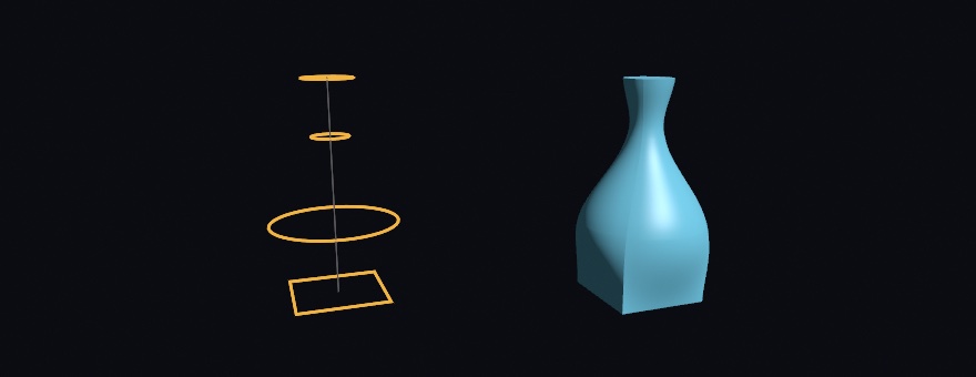 On the left, four orange outlines float at their heights along a thin vertical line: a square at the bottom, a wide circle above it, a small circle higher up, and a slightly larger circle at the top. On the right, the pale blue bottle lofted through them, square at the foot, swelling to a round belly, narrowing to a neck, and opening at the lip, with the square's four edges fading out on the way up