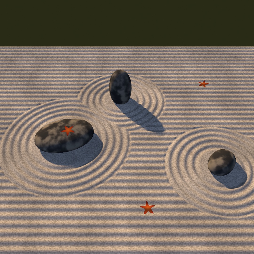A bed of pale sand seen at a downward slant, raked into straight grooves that run across it and bend into rings around three dark rounded stones: a wide flat one on the left, a tall egg-shaped one farther back in the middle, and a small one on the right. The stones are dark gray, mottled with soft pale patches, and each throws a shadow toward the lower right. Three small red leaves with five pointed lobes lie in the scene, one on top of the wide stone and two on the sand. A dark olive band runs along the far edge