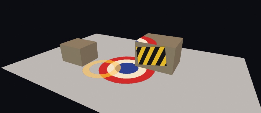 A gray floor with two tan crates: a red, white, and blue roundel stamped across the floor and continuing up over a crate's top, a black and yellow striped tag on the crate's front face, and a half-transparent yellow ring overlapping the roundel on the floor