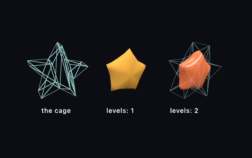 Three views of the same extruded five-pointed star: the control cage as a pale cyan wireframe, one level of subdivision as a plump amber star with soft edges, and two levels as a much softer orange form sitting inside the ghosted wireframe of the cage whose points now reach far past it