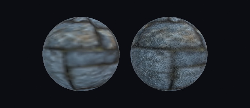 Two gray stone spheres side by side against black, seen close: the left one soft and blurred where its map has run out of resolution, the right one carrying fine chipped grain across the same blocks