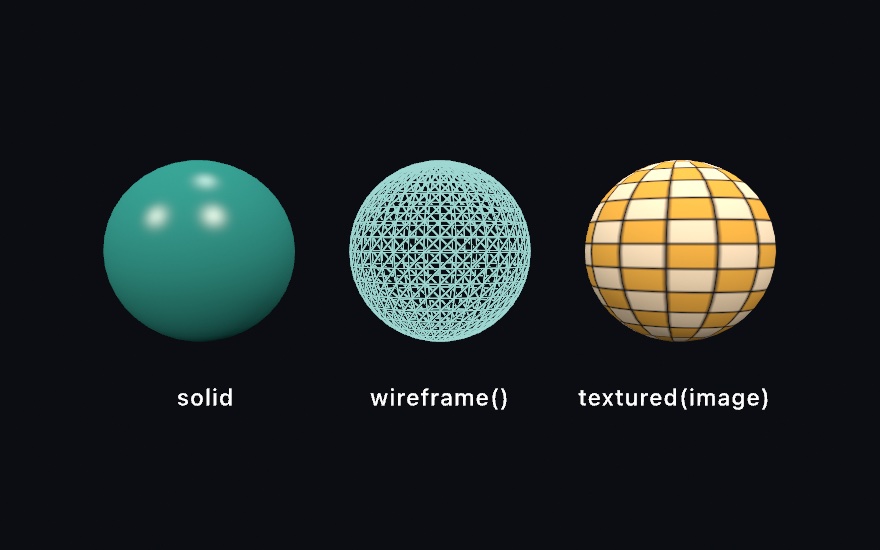 Three spheres side by side: a solid glossy teal one, the same sphere drawn as a pale cyan net of triangle edges, and one wrapped in an orange and cream checker whose squares narrow toward the poles