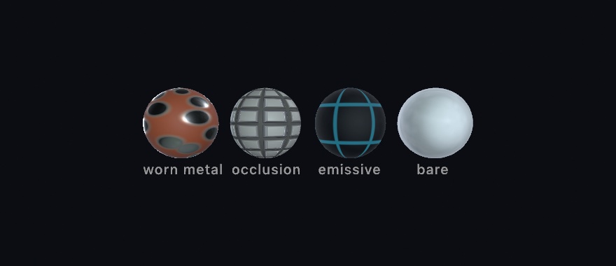 Four spheres under one studio environment: coppery paint worn through to polished metal in soft patches, a pale coffered grid with shadow settled into its grooves, a near-black sphere crossed by glowing cyan seams, and a bare matte control