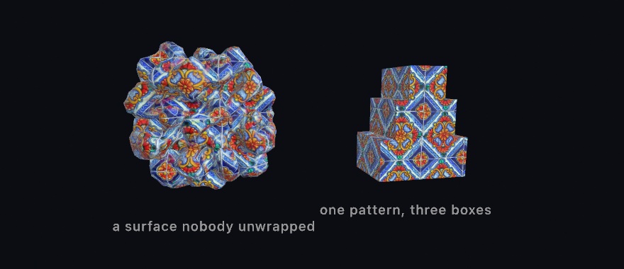 Two forms against black, both dressed in blue and orange glazed tilework: a grown, folded ball with the pattern over every lobe with no visible seam, and a cairn of three stacked boxes whose tile grid runs unbroken across all three