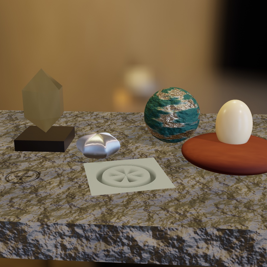 Five objects on a mottled stone bench under warm interior light: a pale translucent crystal on a black lacquered plinth, a small silver star with rounded points, a teal ball whose paint has worn through to gold in patches, a flat tile with a wheel carved into it, and a cream egg resting on a rust-red cushion, with a faint stamped mark on the stone at the left