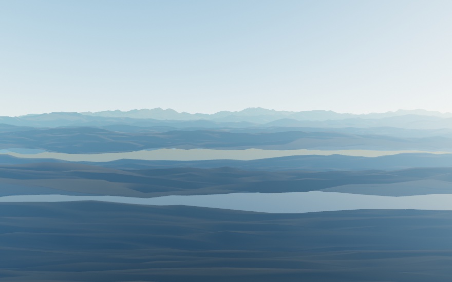 A file of dark ridgelines stepping away under a pale sky, each silhouette a step paler and bluer than the one in front, the farthest melting into the horizon, the air brightening toward the sun on the right